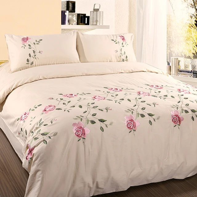 $US $98.00  Vintage Flowers Embroidered White Pink Grey Duvet Cover Bed sheet Pillowcases Twin Full Queen King 