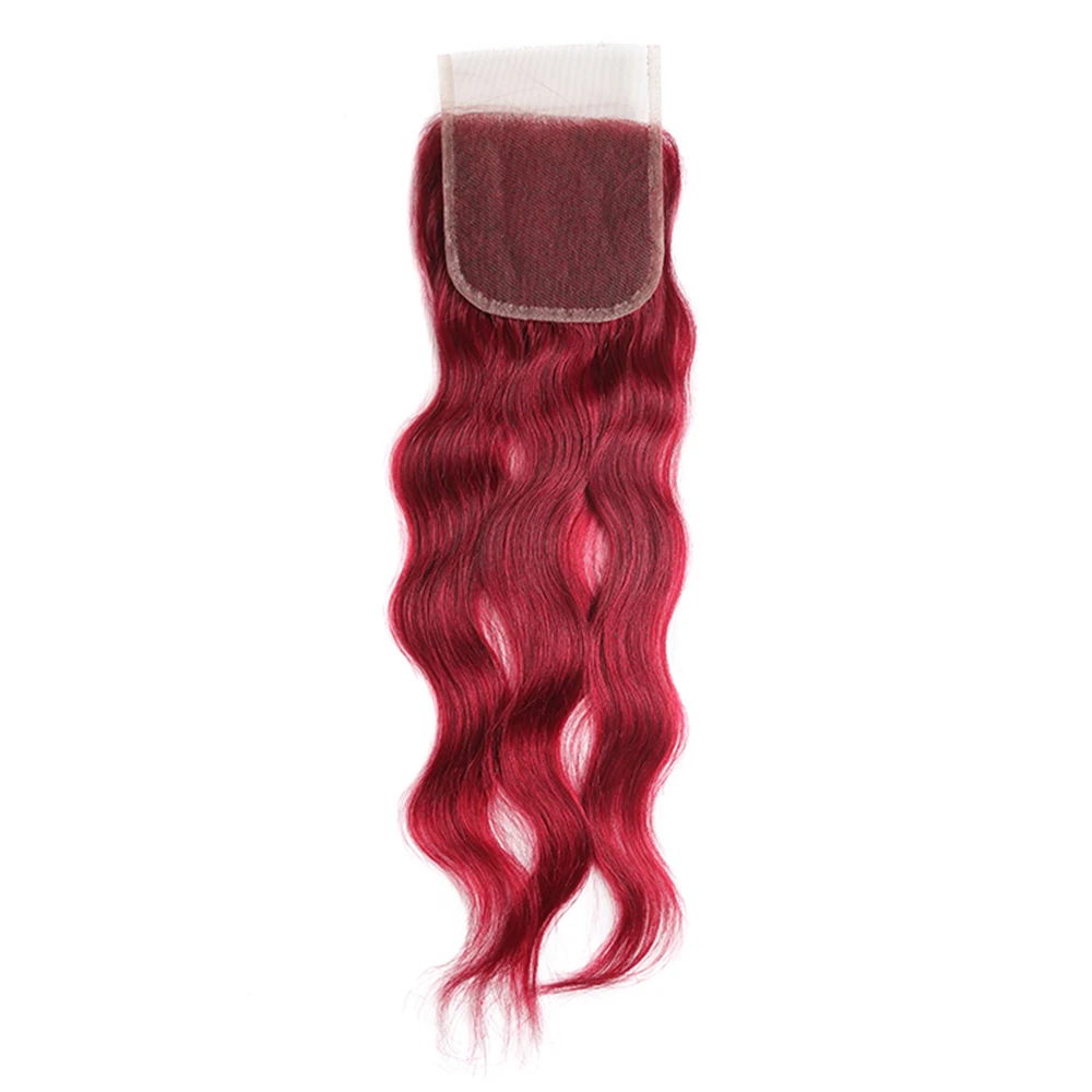 Burgundy Red Color Natural Wave Human Hair Weave Bundles With Lace Closure 4x4 Brazilian Non-remy Hair Weft Extensions X-TRESS