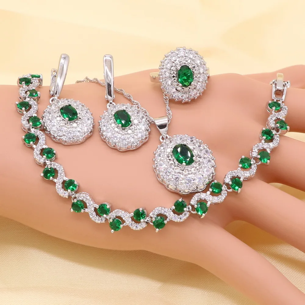 

Green Imitated Emerald Crystal White Zirconia 925 Silver Bridal Jewelry Sets For Women Necklace Pendant Earrings Ring Bracelet