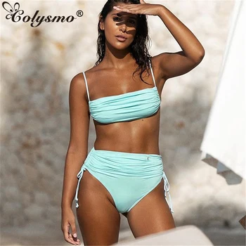 

Colysmo High Waist Bikini Set Drawstring Lace Up Ruched Swimsuit Women Sexy Push Up Padded Swimwear Vintage Polka Dot Tankini