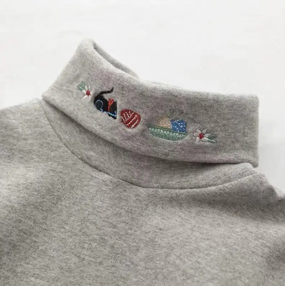 Embroidery Turtleneck Long Sleeve Blouse Girls Autumn Winter Clothes Bottoming Thicken Baby Clothing Children Cotton Tops Blouse