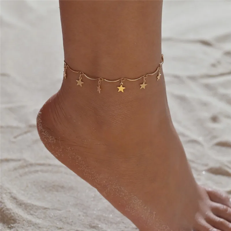 VAGZEB 2020 Gold Color Pentagram Anklets Barefoot Foot Jewelry Leg New Anklets On Foot Ankle Bracelets For Women VAGZEB 2020 Gold Color Pentagram Anklets Barefoot Foot Jewelry Leg New Anklets On Foot Ankle Bracelets For Women