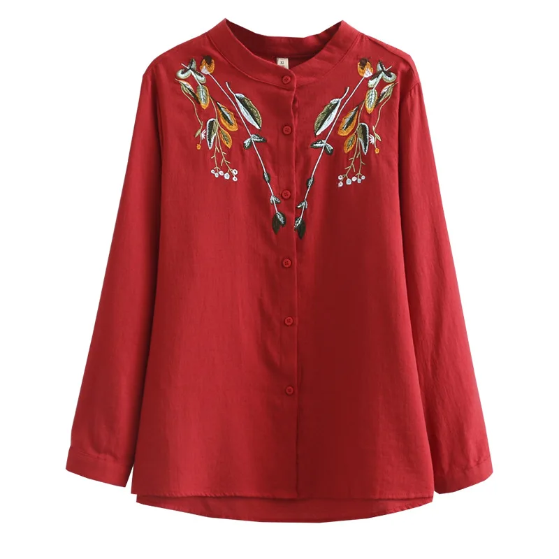 

Autumn Women Shirts Ladies Solid Tops Female Long Sleeve Blouses Embroidery COTTON&LINEN Loose Oversize Clothing A23 9606