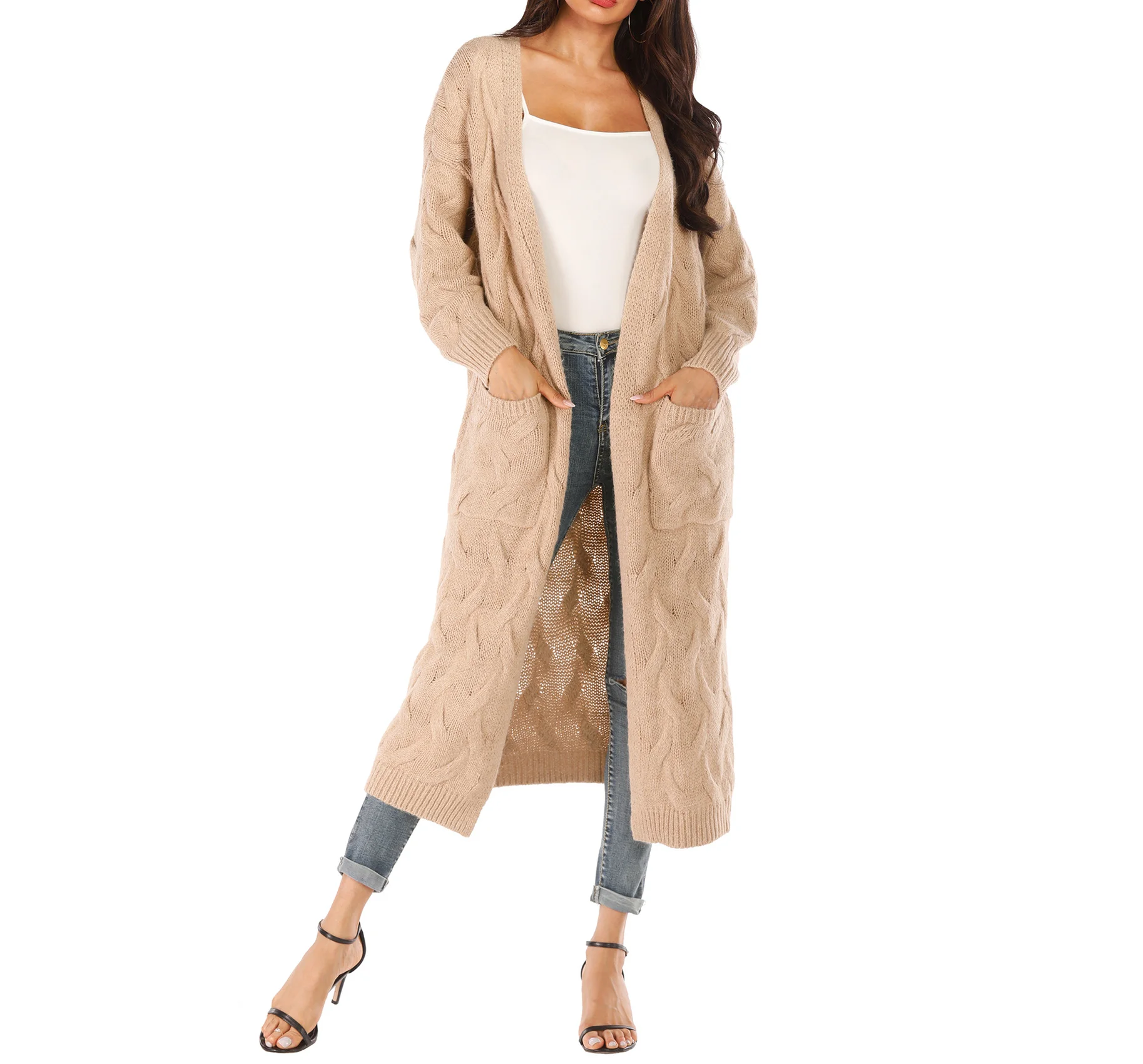 

Rabbit Fur & Polyester Sweater Coat mid-long style loose sweater with pocket autumn women cloth solid cardigan sweater