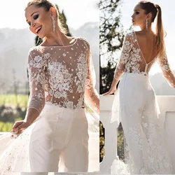 Wedding Dress Jumpsuit 2021 Sexy Backless Robe Receiption Party Long Sleev Bridal Gowns Lace Appliques Vestido De Novia Custom