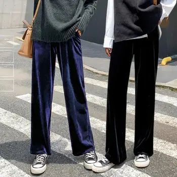 

Women Casual Solid Color High Waist Pleuche Straight Pants Wide Leg Trousers