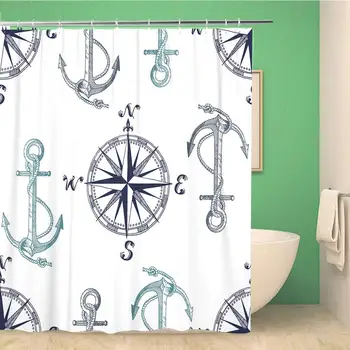 

Bathroom Shower Curtain Blue Vintage Pattern Anchors and Compass Perfect Gray Nautical 60x72 inches Waterproof Bath Curtain Set