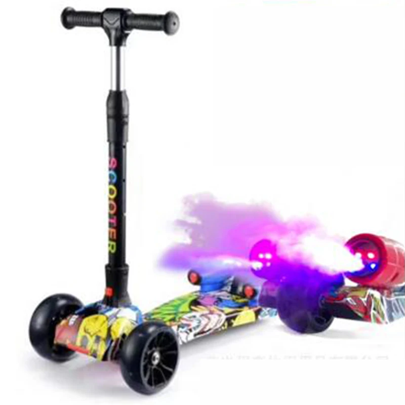 New design children's scooter, rocket-shaped LED torch, charging, spray, PU, 3 wheels, LED, for outdoor sports, Bodybuilding