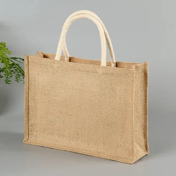 

Shopping Travel Eco-friendly Gift Square Women Handbag With Handle Storage Pouch Solid Jute Tote Home Casual Multi Use