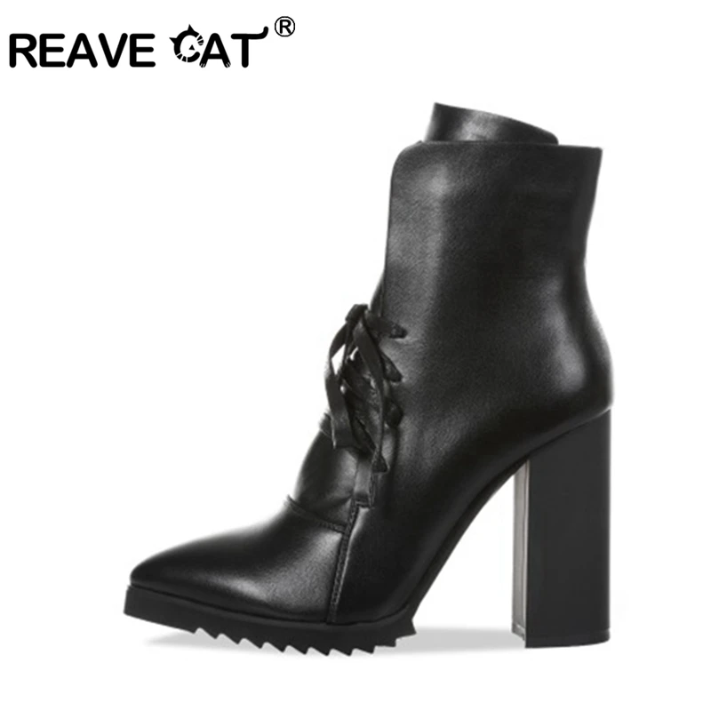 

REAVE CAT Women thick high heels boots platform cross-tied black beige winter autumn shoes
