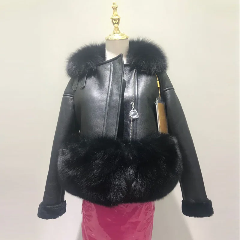 Женская куртка из овечьей кожи с большим воротником из лисьего меха, короткое пальто с мехом лисы, зимняя теплая меховая куртка на молнии розового и красного цвета - Цвет: black