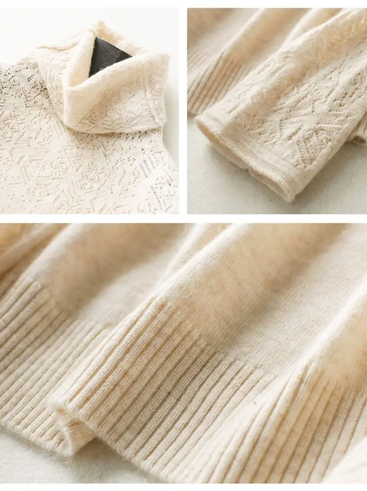 Winter Turtleneck Cashmere Wool Sweaters New Casual Heaps Collar Women Solid Long Hollows Sleeve Pullovers Knitte