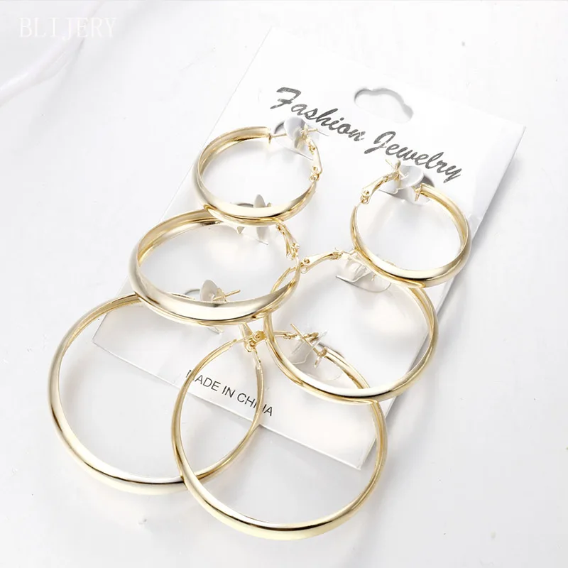 

BLIJERY Stunning Gold Color 3 Pairs Wide Circle Hoop Earrings Set For Women Brincos Punk Jewelry Fashion Big Statement Earrings