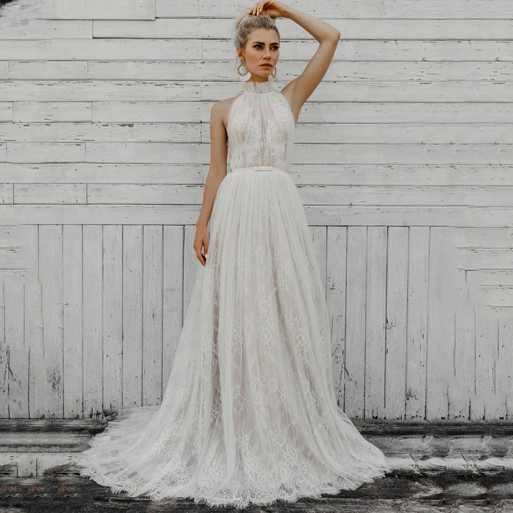 

Vestidos De Novia Modern A Line Lace Wedding Dresses Halter Backless Bride Dress Sleeveless Tulle Bridal Gown свадебное платье