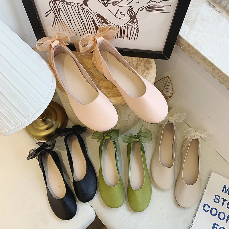

Women Leather Flat Shoes Female Butterfly-knot Retro Shoe Ladies Square Head Shallow Mouth Mary Jane Shoes Bow Ballerina Shoes