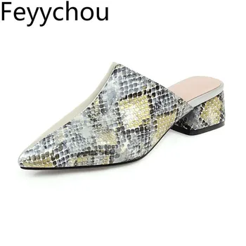 

Women Pumps Mules Shoe Med Heel Slip on Pointed Toe Snake Pattern Pu Mixed-colors 2020 Summer Sexy Fashion Casual Gold Silver