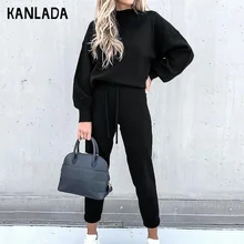 Hot Sale In Autumn and Winter High Collar Long Sleeve Fleece Casual Fashion  Two-piece Suit for Women Sweatshirts Vintage