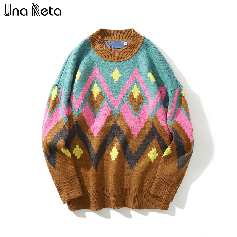 Una Reta свитер для влюбленных с геометрическим рисунком Зимний пуловер в стиле хип-хоп мужской свитер Свободный Мужской свитер в стиле пэчворк - Цвет: Розовый