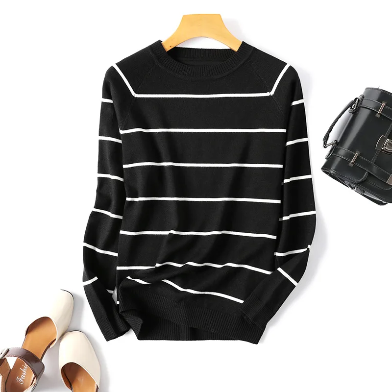 Beste Hlbcbg Streep Lange Mouw Zwart Gebreide Trui Vrouwen Tops Herfst O hals Korte Trui Casual Jumper Pull Femme