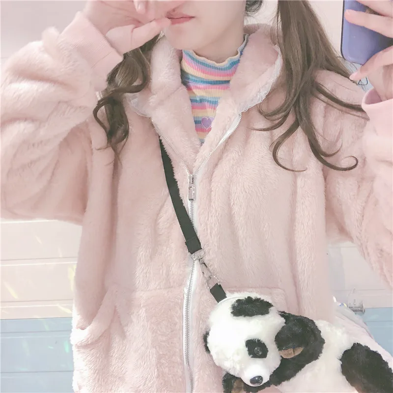 Зимнее женское милое меховое пальто Лолита с заячьими ушками, белая верхняя одежда, куртка Kawaii, кружевное пальто для девочек, толстое теплое розовое плюшевое пальто с капюшоном
