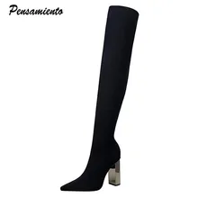 Г. Брендовые женские сапоги Элегантные Высокие сапоги до бедра на высоком каблуке осенне-зимние сапоги выше колена с блестящей вязкой