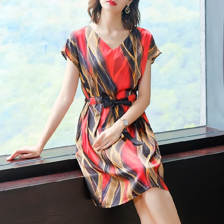 

Korean Silk Women Dress Striped Summer Office Lady Dress Women Plus Size XXXL Loose Elegant Ladies Dresses