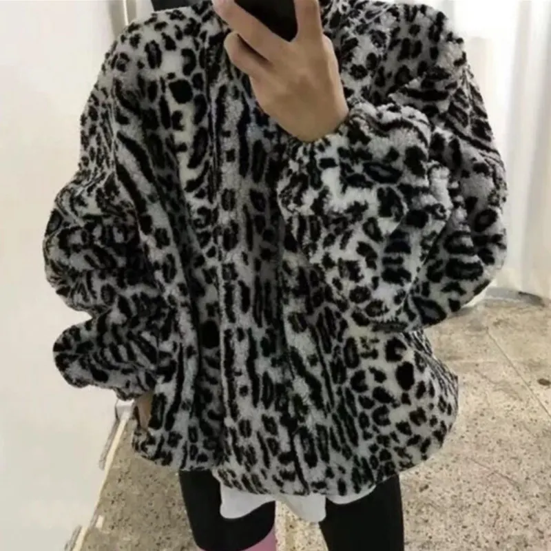 Gray coat women RICININA, куртка большого размера, Женская парка с мехом, длинный рукав-фонарик, Леопардовый принт, повседневные женские пальто и куртки, зима - Цвет: Gray coat women