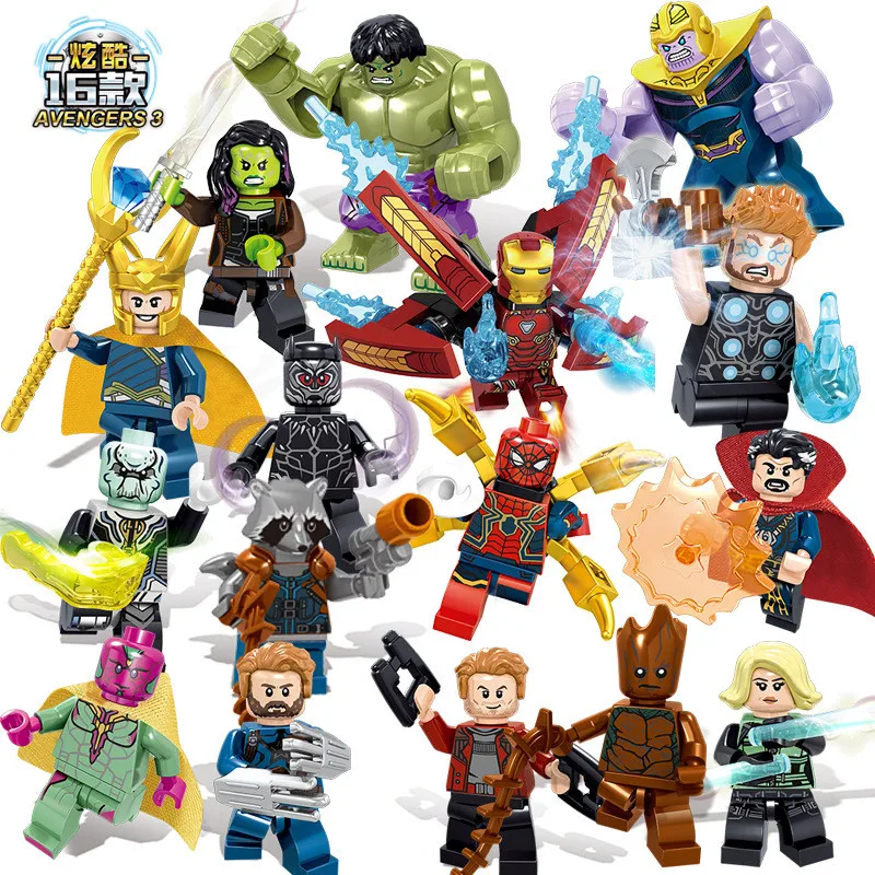 

16pcs/set The Avengers Heroes DIY Model Building Blocks Kit Hulk Batman Thanos Thor Assembling Bricks Toys Kids legoings