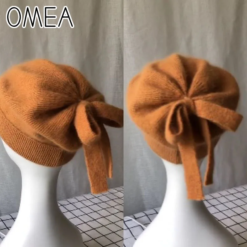 OMEA шапка из Ангорского Кролика, мягкая удобная, одноцветная вязаная шапка с бантом, Женская шерстяная шапка с лентами, зимние шапки бини для женщин и мужчин, подарок