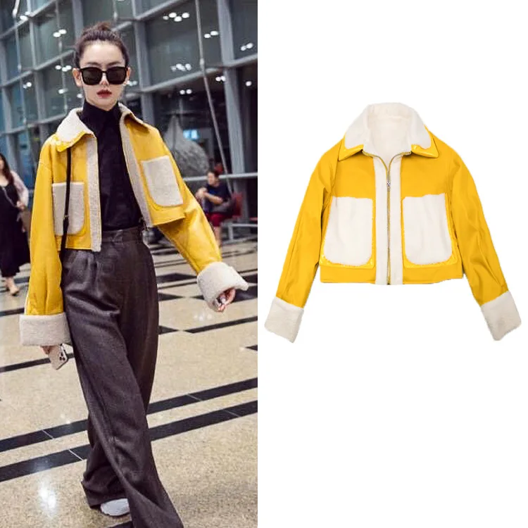 

2019 Winter Qi Wei Celebrity Style Fur Short Coat Fold-down Collar British Style Lambs Wool Warm Leather Coat Women's