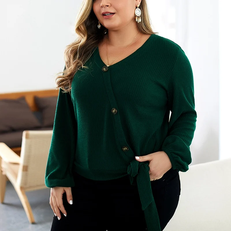 Autumn and winter large size women's 4XL 5XL 6XL 7XL 8XL solid color sexy V-neck fashion lantern sleeve sweater bust 129CM | Женская