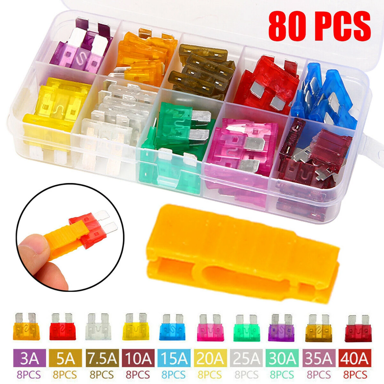 80PCS Fuse Car Kit Assorted Auto Car Truck Standard Blade Fuse Assortment 3A 5A 7.5A 10A 15A 20A 25A 30A 35A 40A Automotive Fuse