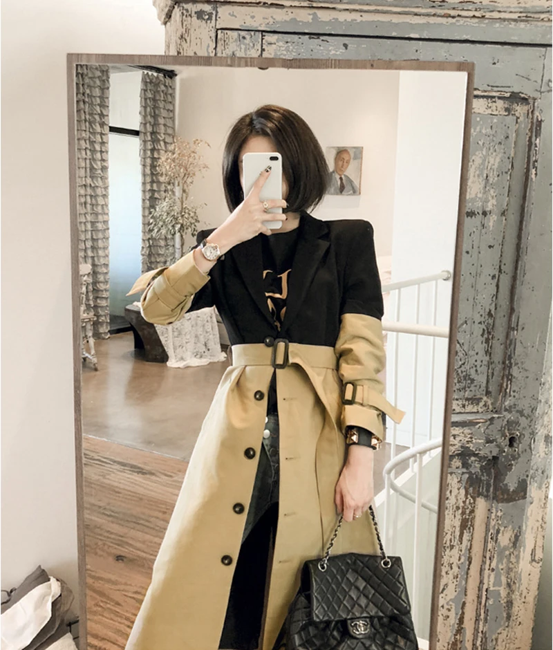 wreeima women Khaki casual solid color single breasted outwear fashion sashes office coat chic design Autumn long trench