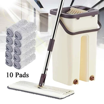 

Flat Squeeze Mop and Bucket Hand Free Wringing Floor Cleaning Lazy Mop Wet Dry Usage with Microfiber Mop Pads