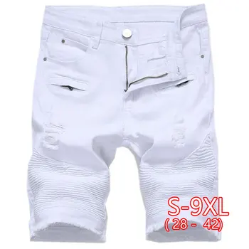 

Men's Pleated Hole Denim Shorts Cropped Pants Stretch Straight Motorcycle Pants