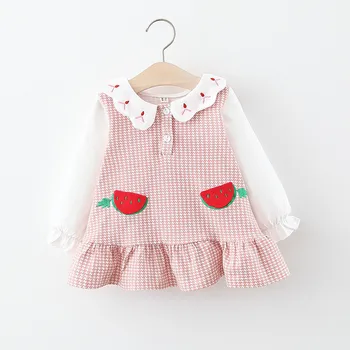 

DFXD 2020 Spring Infant Dress Princess Lovely Girls Long Sleeve Birthday Dress Embroidery Houndstooth Party Dress Vestido 6M-3T