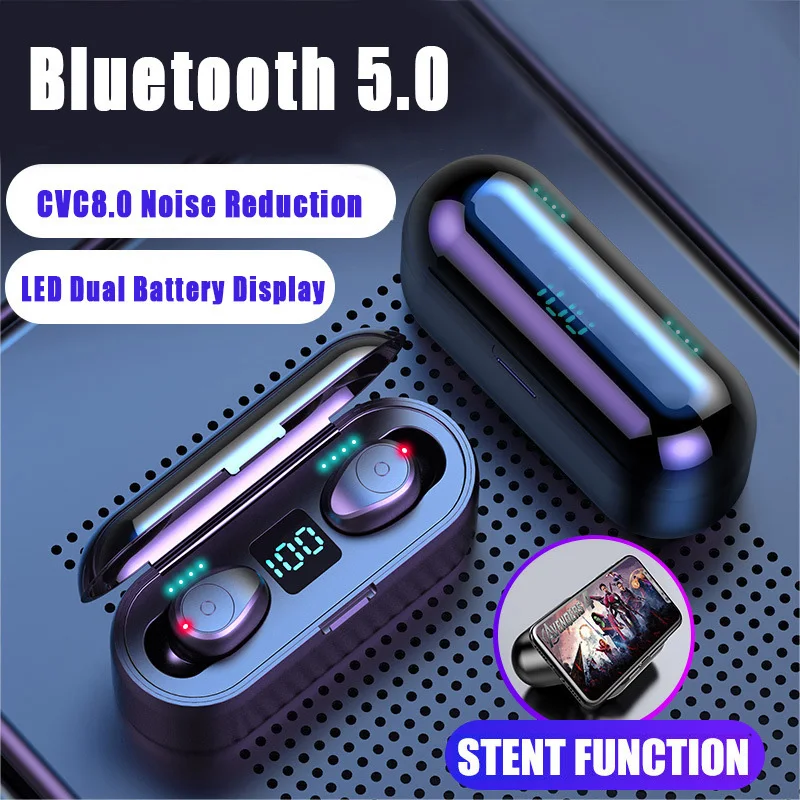 TWS F9 5 0 Bluetooth Wireless Earphone LED Display Touch Control Noise Reduction HIFI Stereo Headset As Power Bank Phone Holder