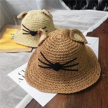 

CHILDREN'S Hat Summer Cute Ear Korean-style Bucket Hat Sun-resistant Topee Foldable Beach Holiday Straw Hat