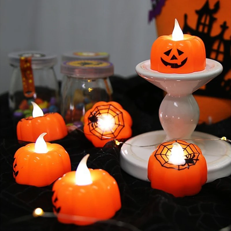 

12pcs Pumpkin Candle Lights Halloween LED Candles Tea Lights Windproof Candle Lamp Party Decorations for Bar Table Decor