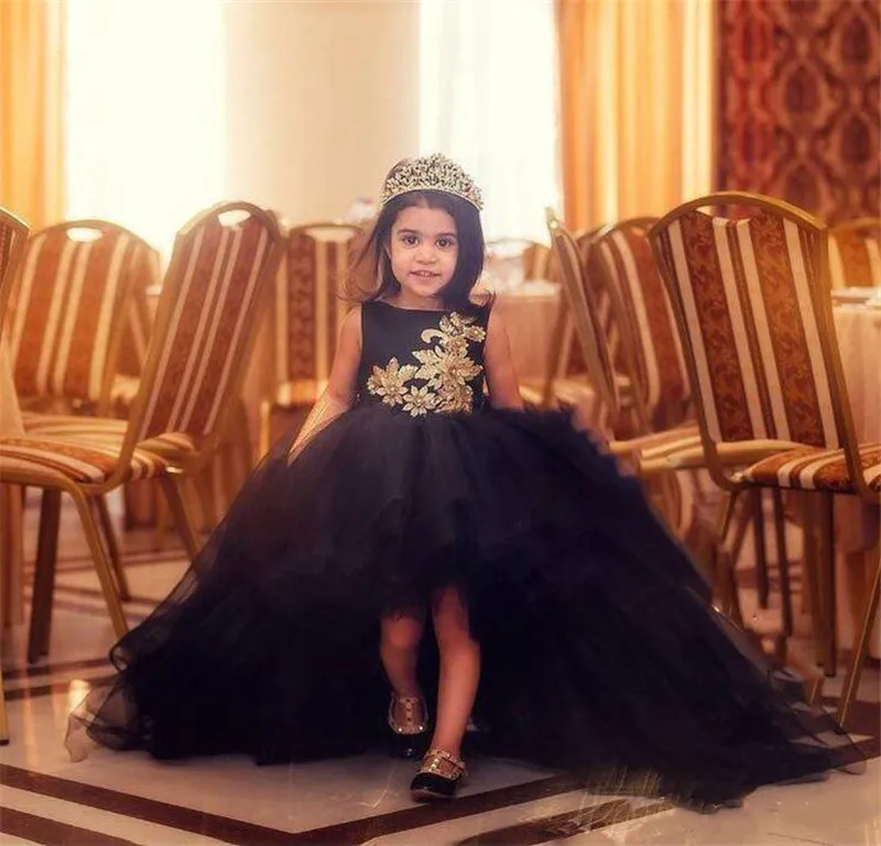 Черные Платья с цветочным узором для девочек на свадьбу, Золотое кружевное с аппликацией из бусин, с вырезом на спине, вечерние платья для торжеств