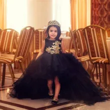 Черные Платья с цветочным узором для девочек на свадьбу, Золотое кружевное с аппликацией из бусин, с вырезом на спине, вечерние платья для торжеств