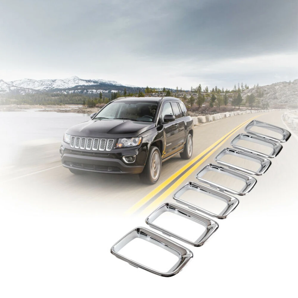 

7pcs Car Chrome Clip-On Grille Rings Trim Inserts Frame ABS Silver Car Decoration Accessories Car Grille Rings Cover