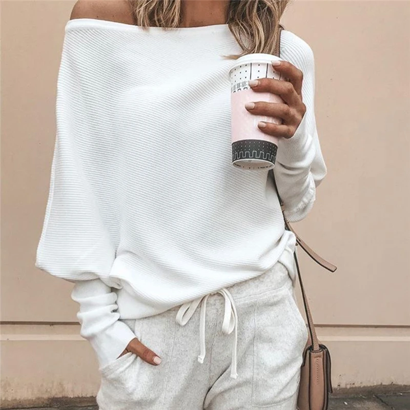 Tee Shirt Femme Autumn Sexy Off The Shoulder Long Sleeve Tops For Women T-Shirt Casual One Rib | Женская одежда