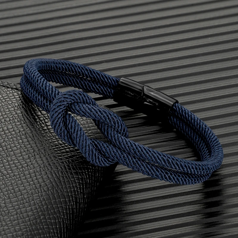 Men Double-layer Knotted Rope Bracelet For Women Black Stainless Steel Silder Magnet Buckle Infinity Couple Jewelry