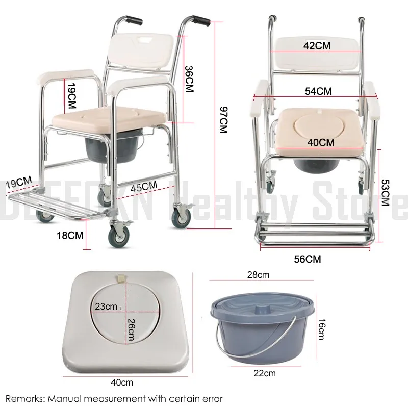 3 in 1 Aluminum Alloy 4-Wheel Brake Bath Chair Toilet Commode Wheelchair for Elderly Pregnant Disabled People Bedpan Foot Pedal
