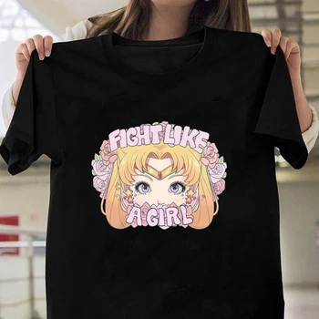 

Women/kids Fight Like a Girl Print T-shirt Harajuku Sailor Moon T Shirt 90s Tshirt Female Korean Style Cartoon Anime Tee Tops