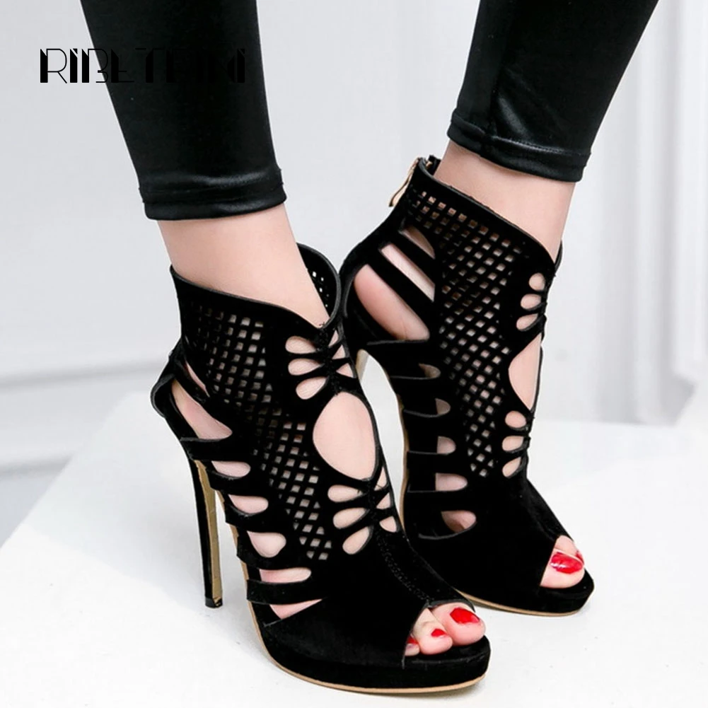 

RIBETRINI Women Gladiator Sandals Sexy Thin High Heel Shoes Woman Round Open Toe Platform Sandal Shoes Big Size 28-52