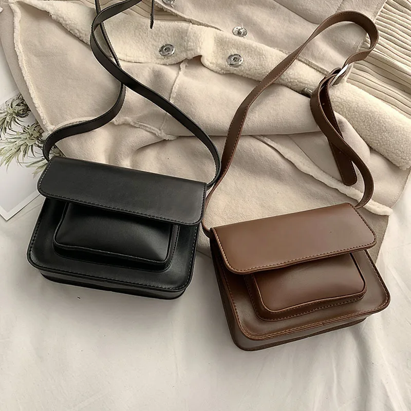 

2019 New Style Retro Pu Simple Square Sling Bag outside Pocket Versatile Shoulder Oblique WOMEN'S Bag