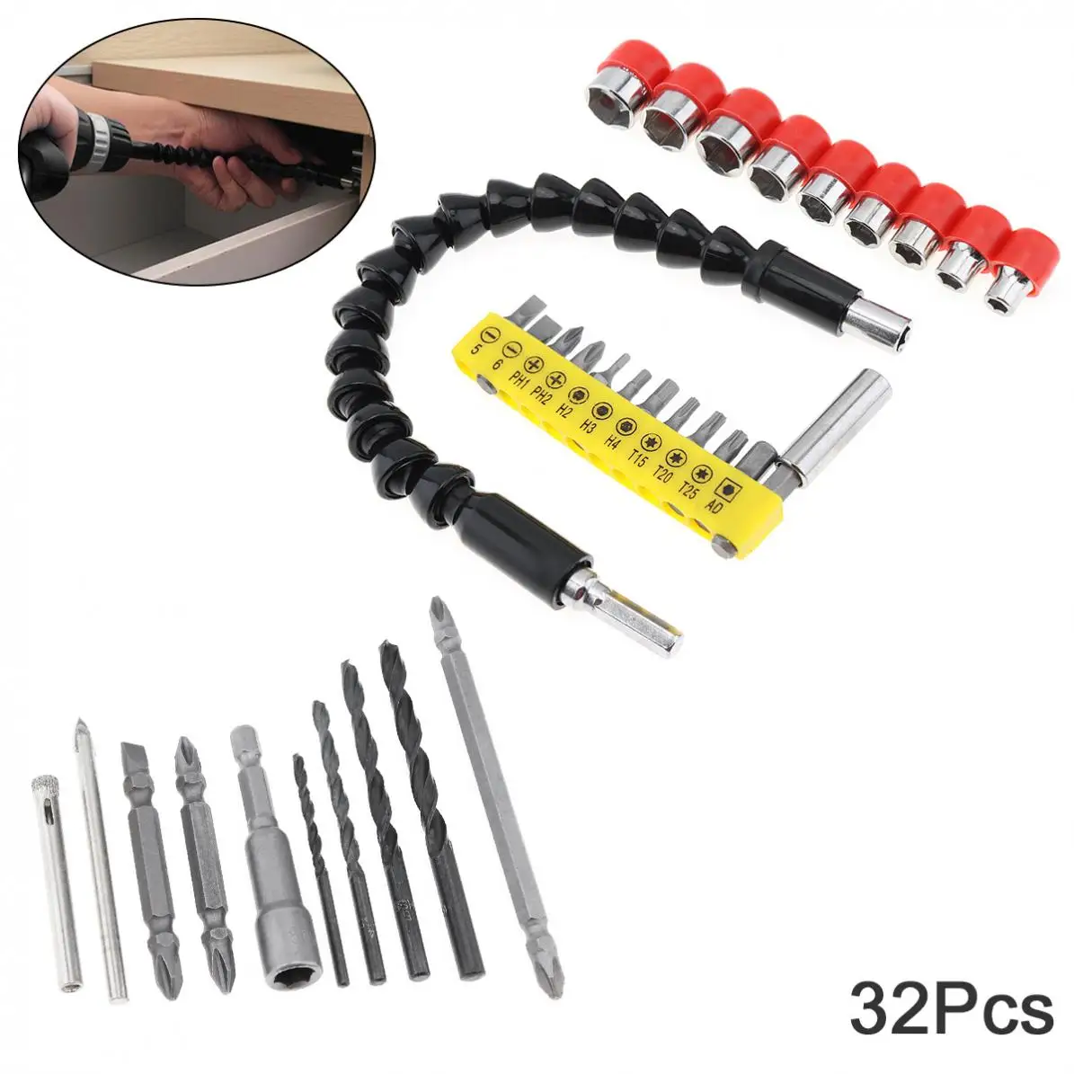 

32pcs/set Electric Drill Accessories Universal Flexible Shaft / High Hardness Batch Head / Electric Drill Bit Sleeve