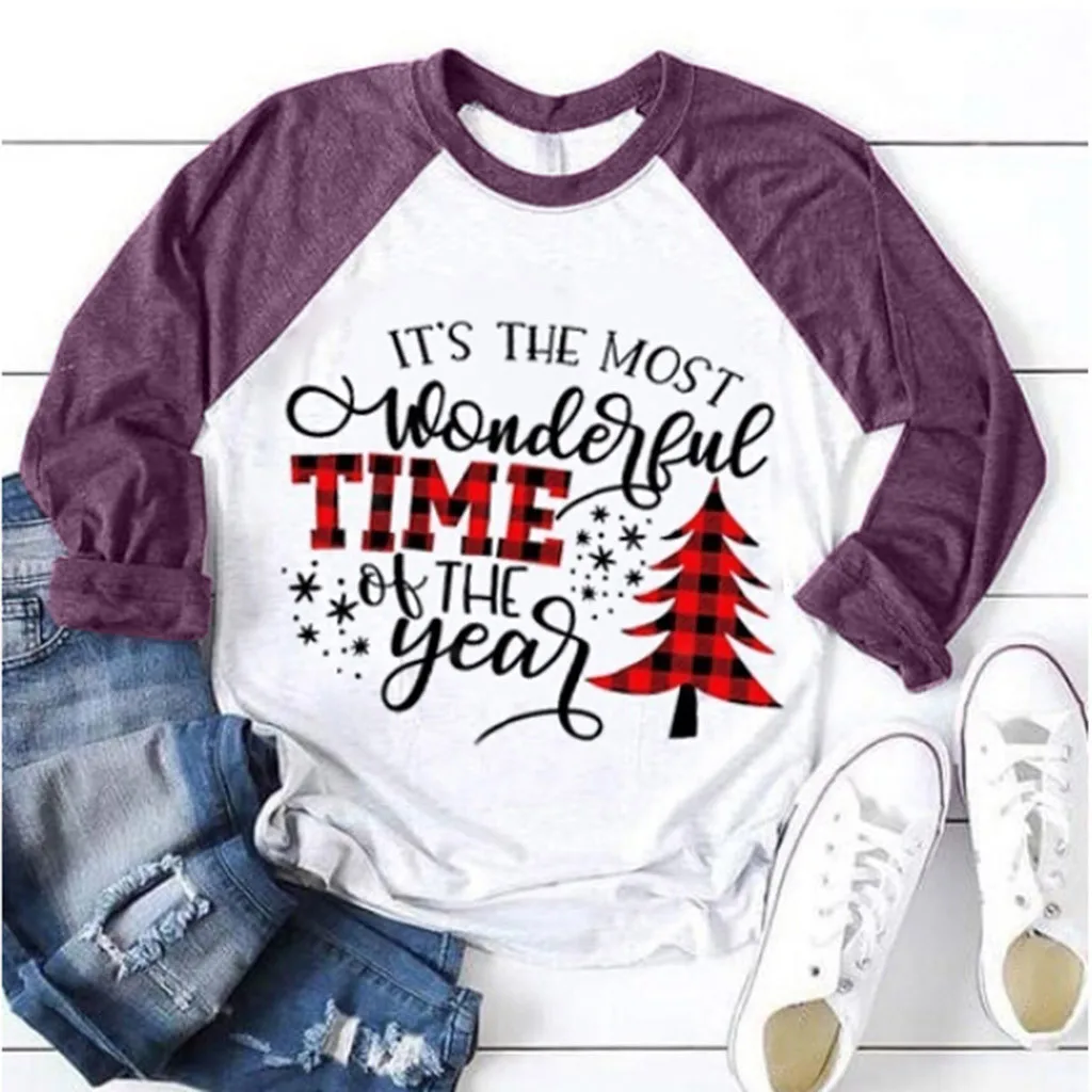 Christmas Tree Letter Print T Shirt For Women Xmas Merry Christmas New Year T Shirt Ladies Patchwork Pullover Tops T-Shirts